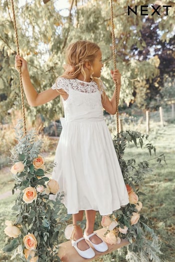 White Lace Bodice Occasion Bow Dress (3-16yrs) (C11667) | £55 - £61