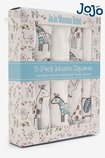 JoJo Maman Bébé White 5-Pack Delicate Safari Embroidered Muslins (C12079) | £18