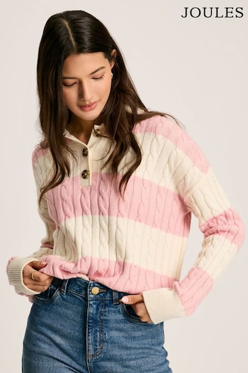 Joules Love All Pink Cable Knit Jumper with Button Collar (C13574) | £64.95