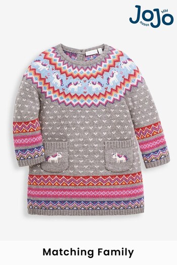 JoJo Maman Bébé Marl Grey Unicorn Fair Isle Knitted Dress (C13745) | £32