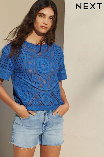 Bright Blue Short Sleeve Crochet Crew Neck T-Shirt (C13888) | £24