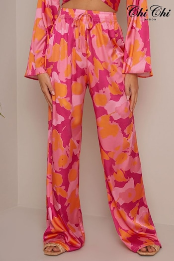 Chi Chi London Pink Abstract Print Tie Waist Trousers (C14031) | £40