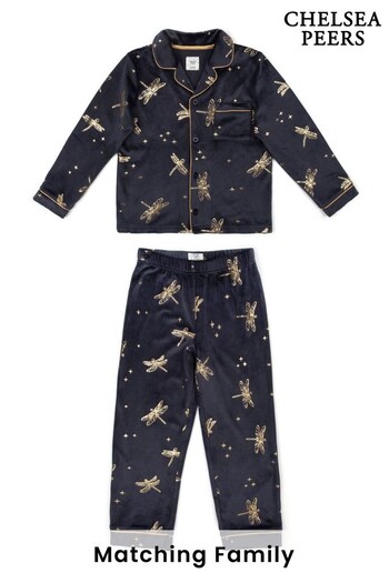 Chelsea Peers Blue Velour Foil Dragonfly Print Kids Long Pyjama Set (C14229) | £45