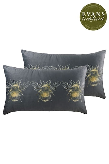 Evans Lichfield 2 Pack Grey Gold Bee Velvet Filled Cushions (C14231) | £23