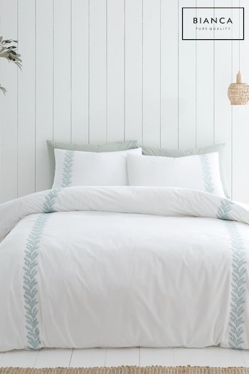 Bianca White Embroidery Leaf 180 Thread Count Cotton Duvet Cover And Pillowcase Set (C14258) | £40 - £70