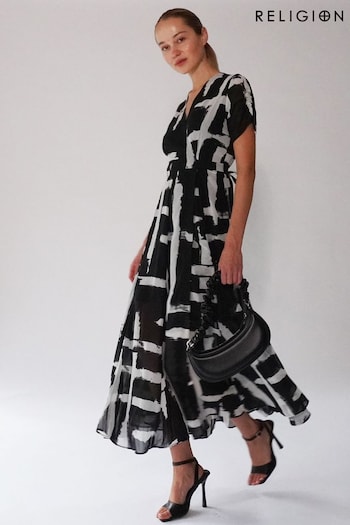 Religion Black White Wrap Dress With Full Skirt in Monochrom Dip Dye (C14269) | £100