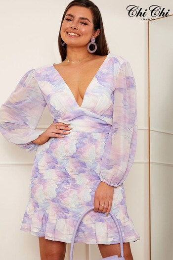 Chi Chi London Purple Long Sleeve Shirred Washed Print Midi Dress (C14768) | £80