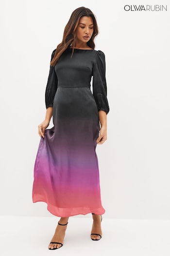 Olivia Rubin Lara Ombre Black Midi Dress with Puff Sleeve and a Fitted Waist (C15162) | £320