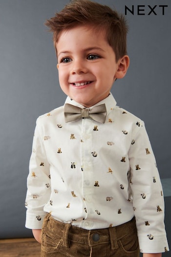 White Smart Print Shirt With Bow Tie (3mths-7yrs) (C15197) | £17 - £19