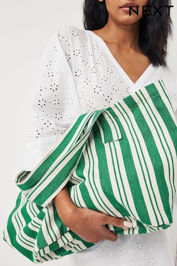 Green Striped Cotton Blend Canvas Shopper Bag (C15619) | £18