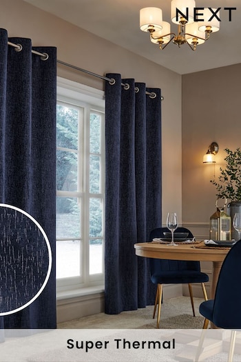 Navy Blue Next Heavyweight Chenille Eyelet Super Thermal Curtains (C15757) | £105 - £165