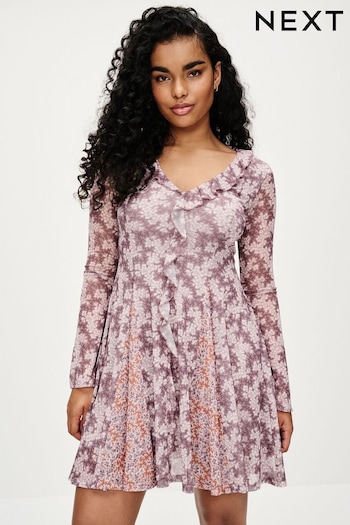 Lilac Purple Ditsy Ruffle Detail Dress (C15790) | £48