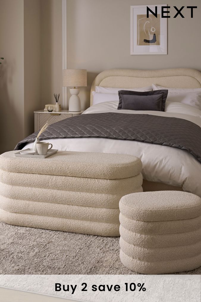 Casual Bouclé Natural Oyster Otis Ottoman And Stool Set (C16865) | £350