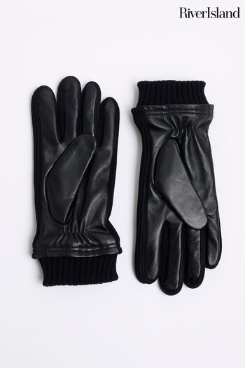 River Island Black Leather Knit Cuff Gloves (C18202) | £22