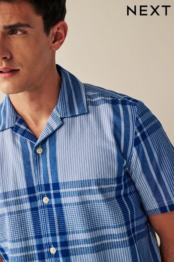 Navy Blue Textured Check Cuban Collar Short Sleeve Shirt (C18209) | £30