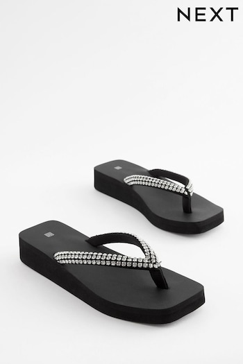 Black Jewel Wedge 90s Flip Flop Sandals (C18754) | £26