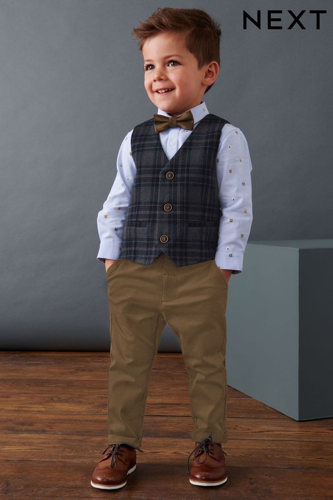 Navy Blue Check Waistcoat, Shirt, Trousers & Bow Tie Set (3mths-9yrs) (C18869) | £45 - £51