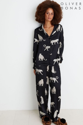 Oliver Bonas Mono Leopard Print Black Shirt & Trousers Pyjama Set (C19110) | £75