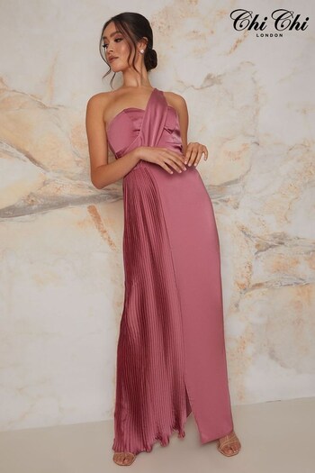 Chi Chi London Pink Pleated Satin One Shoulder Maxi Dress (C19202) | £105