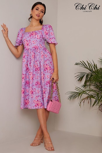 Chi Chi London Purple Square Neck Ditsy Floral Midi Dress (C19693) | £58