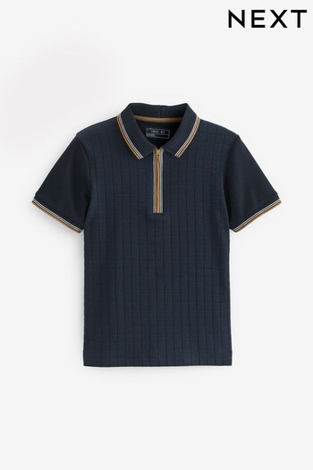 Navy Blue Short Sleeve Zip Neck Textured Polo Shirt (3-16yrs) (C19694) | £14 - £21