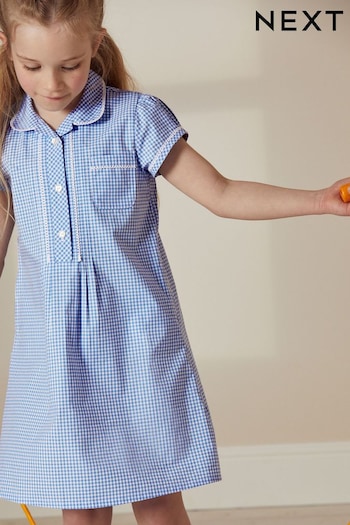Mid Blue Cotton Rich Button Front Lace Gingham School Dress (3-14yrs) (C19763) | £8.50 - £11.50