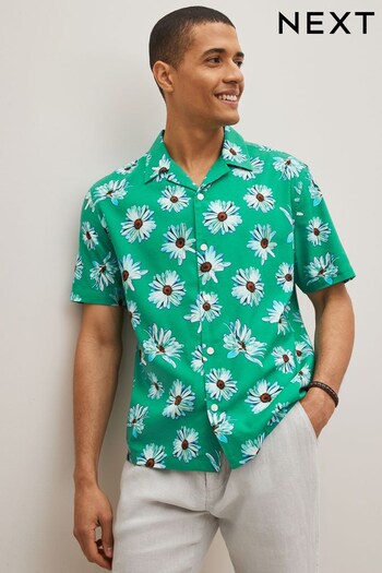 Green/White Floral Print Cuban Collar Short Sleeve Shirt (C20055) | £13.50