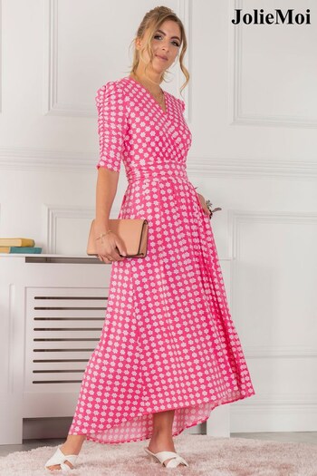 Jolie Moi Pink Elenora Ruched Sleeve Maxi fit Dress (C20110) | £85