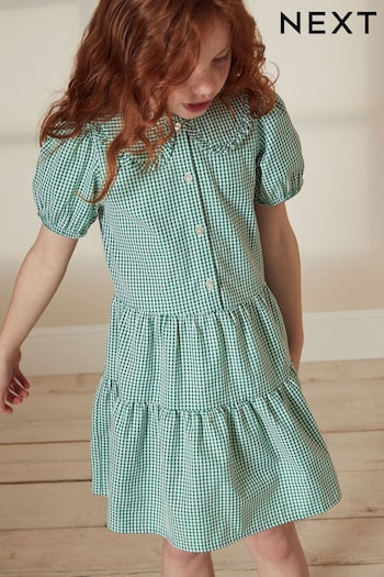 Green Cotton Rich School Gingham Tiered Pretty Collar Dress (3-14yrs) (C20205) | £9 - £14