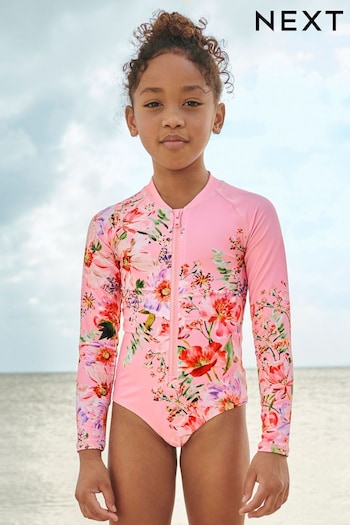Pink Placement Floral Long Sleeved Swimsuit (3-16yrs) (C20450) | £17 - £22