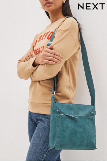 Green Leather Pocket Messenger Bag With Webbing Strap (C20789) | £40