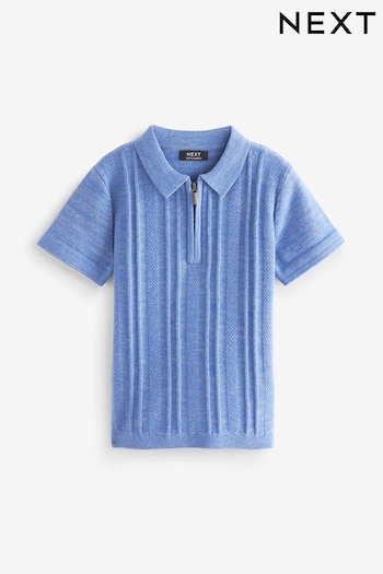 Blue Knitted Short Sleeve Textured Zip Neck Polo Shirt (3mths-7yrs) (C20842) | £13 - £15