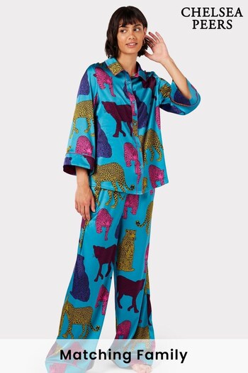 Chelsea Peers Blue Recycled Fibres Leopard Print Long Pyjama Set (C21052) | £55
