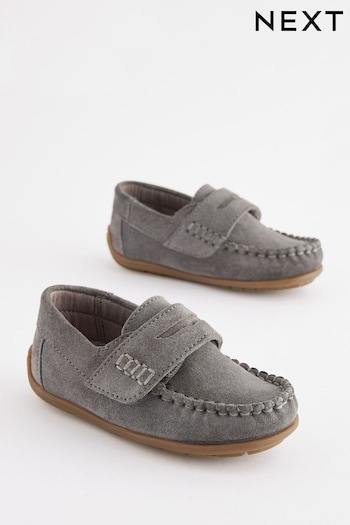 Grey Standard Fit (F) Leather Penny Loafers with Touch & Close Fastening (C21535) | £28 - £34