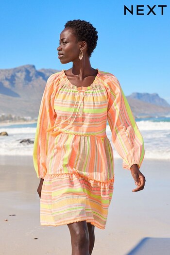 Neon Orange/Yellow Jacquard Kaftan Mini Summer Dress (C22178) | £45