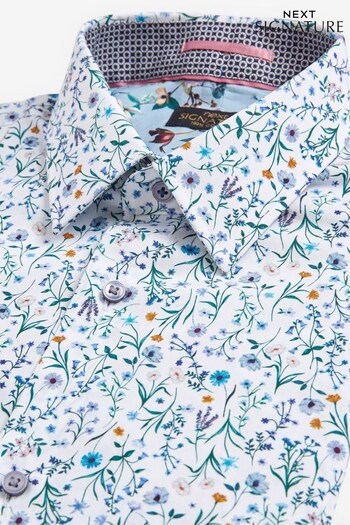 Blue/White Floral Regular Fit Single Cuff Signature Trimmed Shirt (C22216) | £42