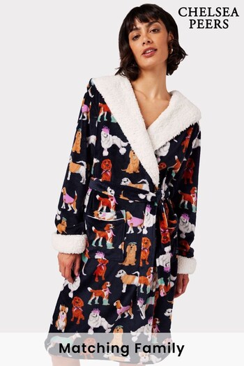 Chelsea Peers Blue Fleece Posh Dogs Print Hooded Dressing Gown (C22957) | £55
