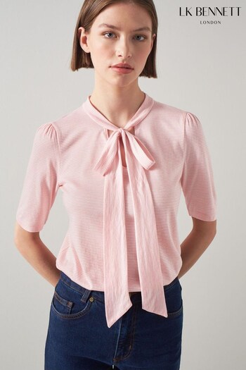 LK Bennett Pink Cali Fine Stripe Bow Detail T-Shirt (C23067) | £79