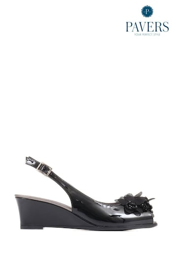 Pavers Slingback Peep-Toe Black Wedge Heels (C23544) | £43