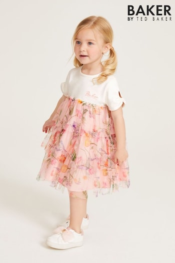 Baker by Ted Baker Pink Floral Tiered Mesh Dress (C23553) | £32 - £35