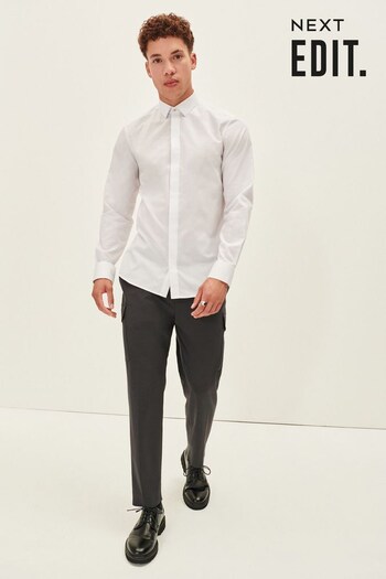 White Concealed Placket Slim Fit Single Cuff EDIT Shirt (C23614) | £26