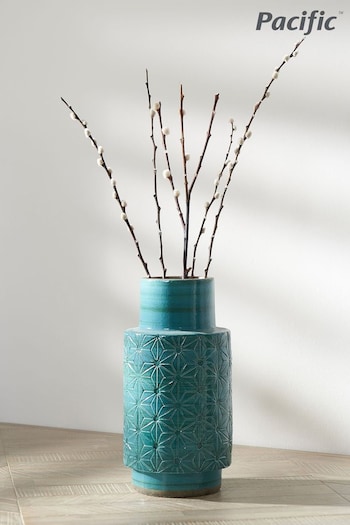 Pacific Aquamarine Blue Sidra Stoneware Etch Detail Vase (C23639) | £60