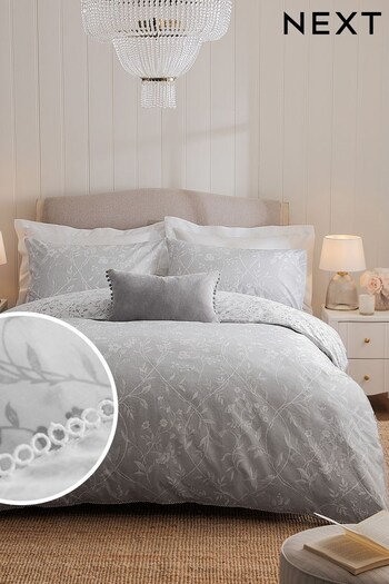 Grey Reversible 100% Cotton Floral with Trim Duvet Cover and Pillowcase Set (C23672) | £25 - £55