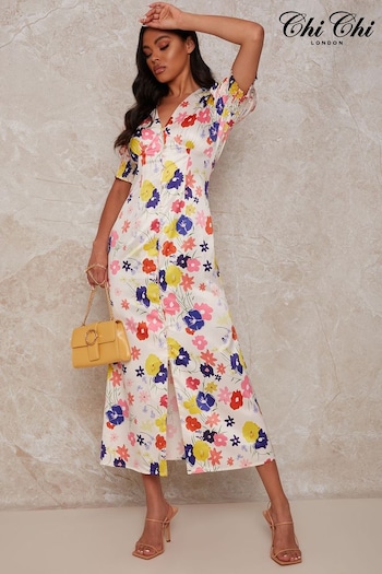 Chi Chi London Cream Bright Multicolor Floral Midi Dress (C24012) | £60