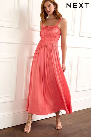 Pink Glossy Satin Strappy Ruched Midi Dress (C24188) | £67