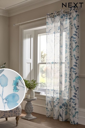 Blue Isla Floral Printed Voile Eyelet Unlined Sheer Panel Curtain (C24379) | £18 - £26