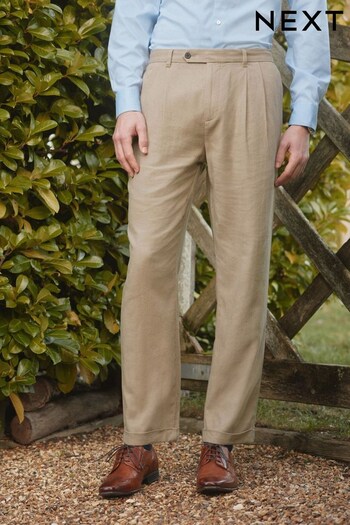 Stone Natural Relaxed Tapered Linen Blend Pleated Front Trousers (C24424) | £12.50