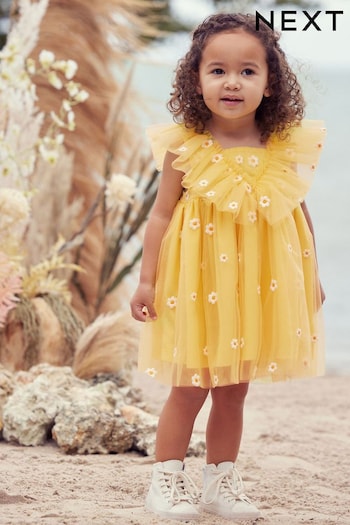 Yellow Daisy Embroidered Ruffle Mesh Dress (3mths-10yrs) (C24608) | £18 - £24