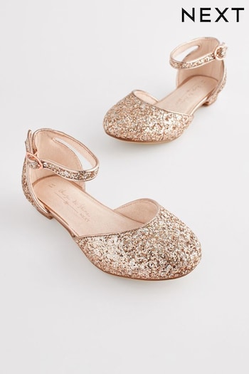 Rose Gold Glitter Occasion Ankle Strap Low Heel Shoes (C24655) | £25 - £32