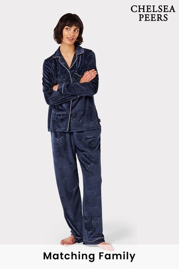 Chelsea Peers Blue Velour Leopard Print Long Pyjama Set (C24844) | £55